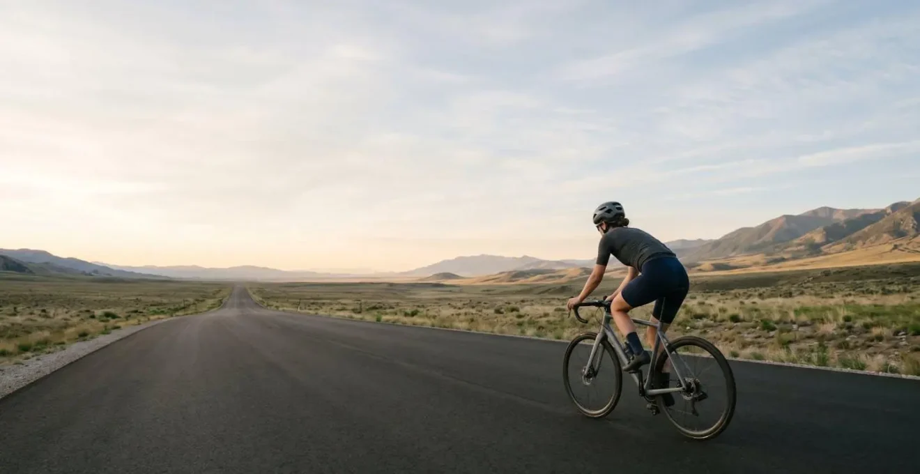 Amateur cyclist riding at steady low intensity on quiet road, capturing the mental discipline of zone 2 training