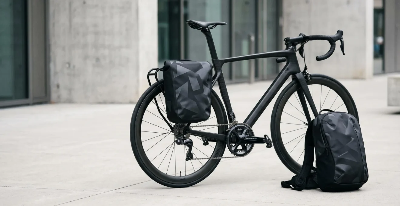 A sleek carbon fiber road bicycle with aerodynamic frame geometry positioned outdoors, displaying both a minimalist pannier mounted to the rear rack and a compact cycling backpack leaning against the frame, creating a visual comparison of laptop carrying solutions for performance cyclists