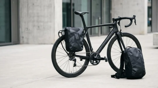 A sleek carbon fiber road bicycle with aerodynamic frame geometry positioned outdoors, displaying both a minimalist pannier mounted to the rear rack and a compact cycling backpack leaning against the frame, creating a visual comparison of laptop carrying solutions for performance cyclists