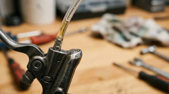 Close-up of a mountain bike hydraulic brake lever being bled with clean fluid visible in transparent tubing