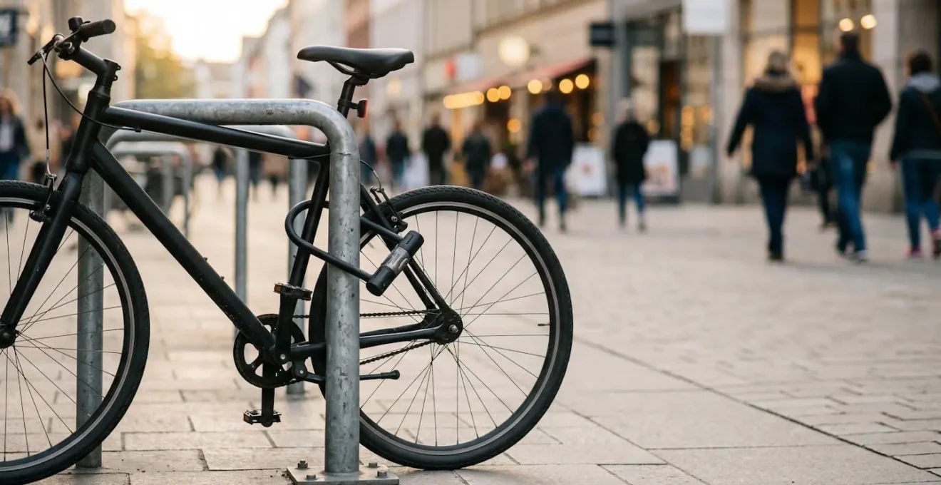 A bicycle locked to a Sheffield stand in a well-lit urban area showing proper frame locking technique with pedestrians visible in the background