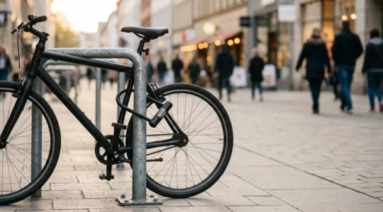 A bicycle locked to a Sheffield stand in a well-lit urban area showing proper frame locking technique with pedestrians visible in the background