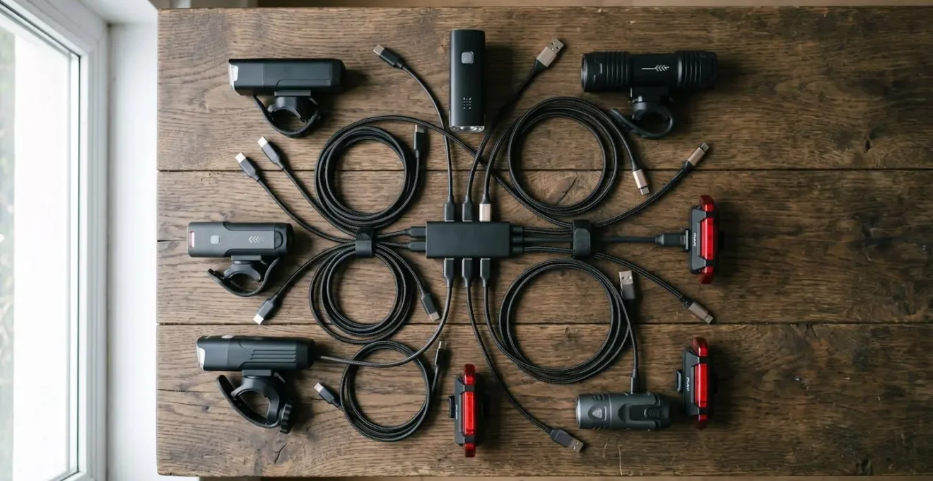 Multiple USB charging cables and bike lights arranged on a workspace showing the complexity of modern bike light charging systems