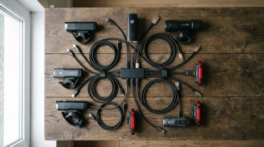 Multiple USB charging cables and bike lights arranged on a workspace showing the complexity of modern bike light charging systems