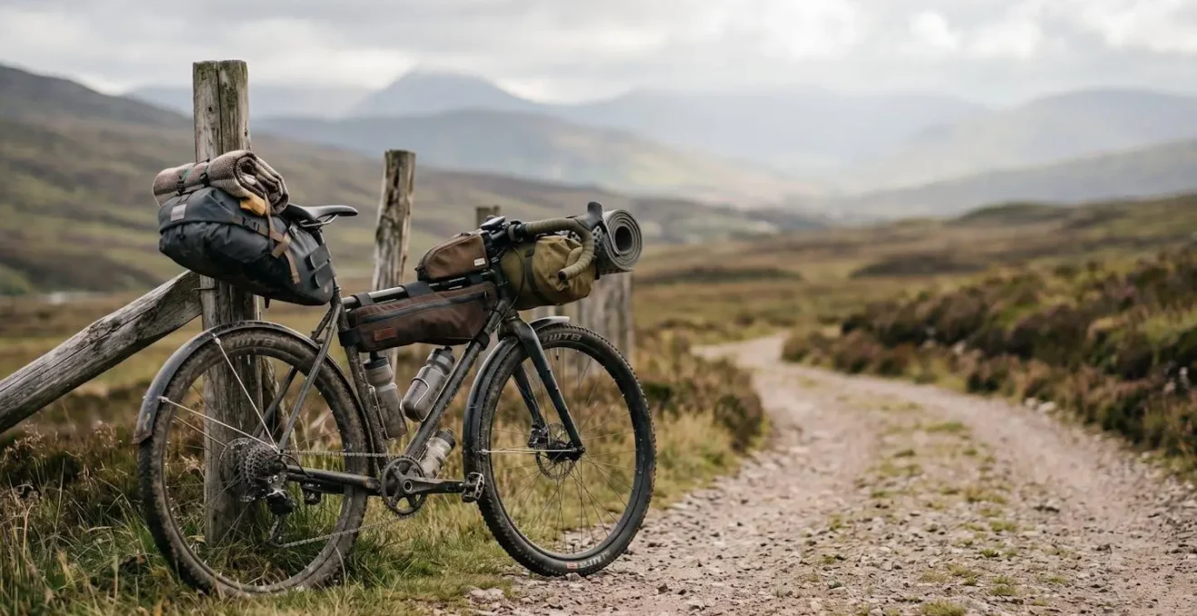 A loaded gravel bike resting against weathered wooden fence posts on a misty moorland trail, with adventure gear bags mounted on the frame and handlebars