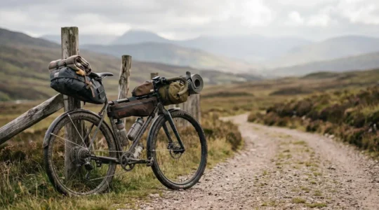 A loaded gravel bike resting against weathered wooden fence posts on a misty moorland trail, with adventure gear bags mounted on the frame and handlebars