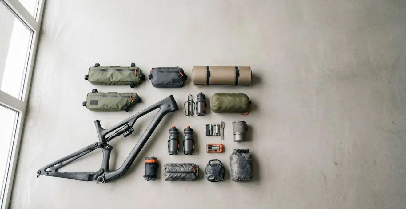 Overhead view of bikepacking gear arranged strategically beside a full-suspension mountain bike frame showing spatial planning