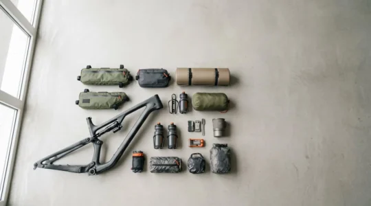 Overhead view of bikepacking gear arranged strategically beside a full-suspension mountain bike frame showing spatial planning