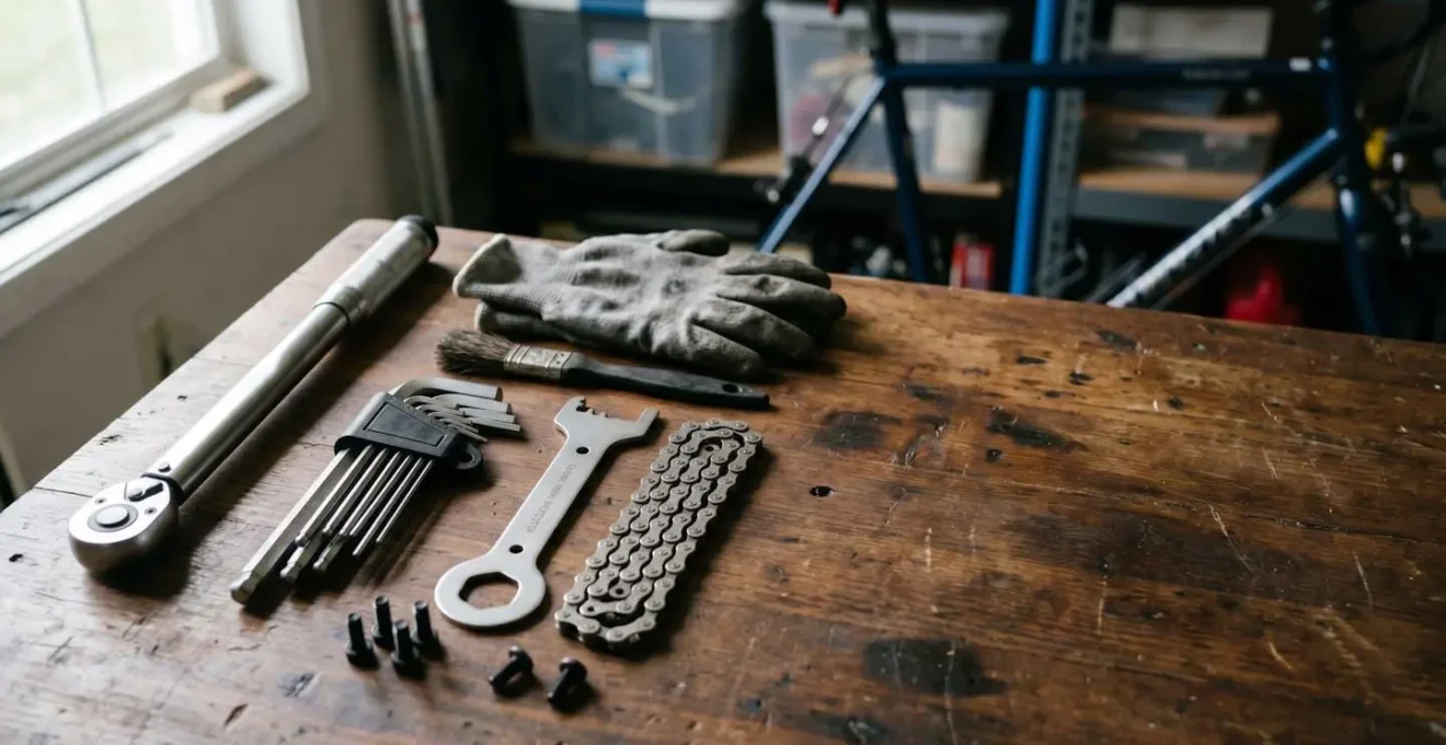 Essential bicycle maintenance tools arranged on a clean workbench for budget home mechanics