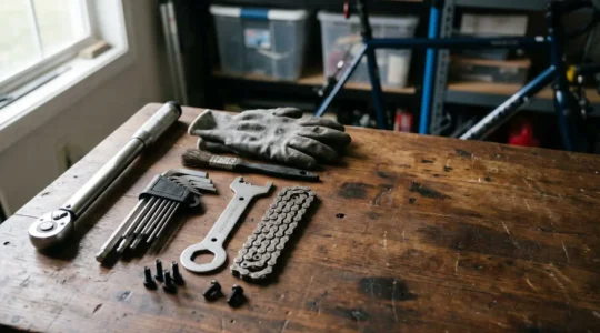 Essential bicycle maintenance tools arranged on a clean workbench for budget home mechanics