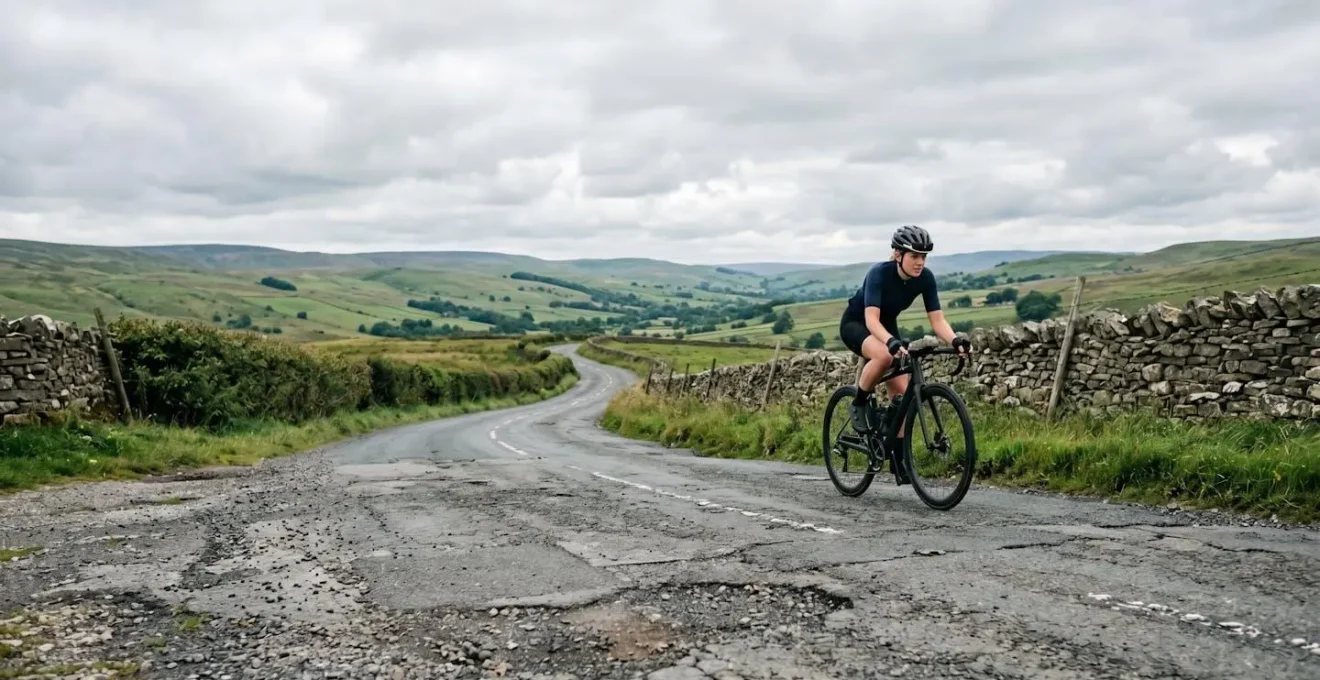 Road cyclist on carbon frame bicycle navigating rough British tarmac surface