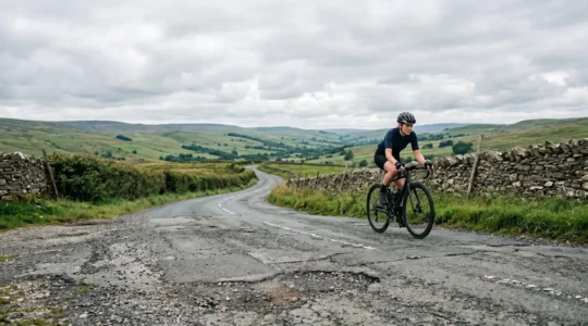 Road cyclist on carbon frame bicycle navigating rough British tarmac surface