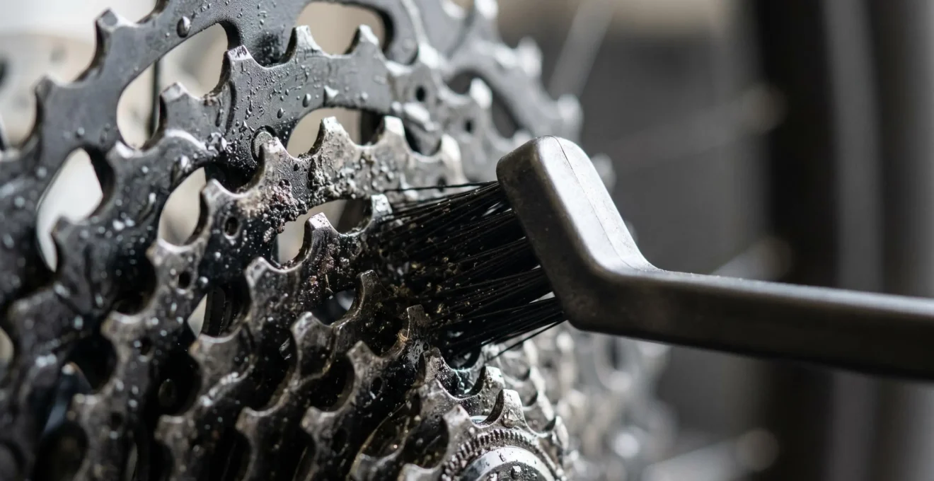 Close-up view of a bicycle cassette being cleaned with professional tools in a workshop setting