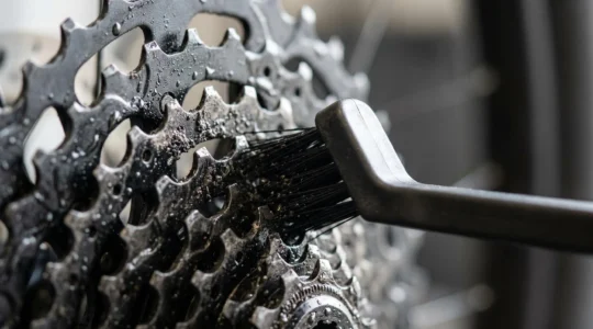 Close-up view of a bicycle cassette being cleaned with professional tools in a workshop setting