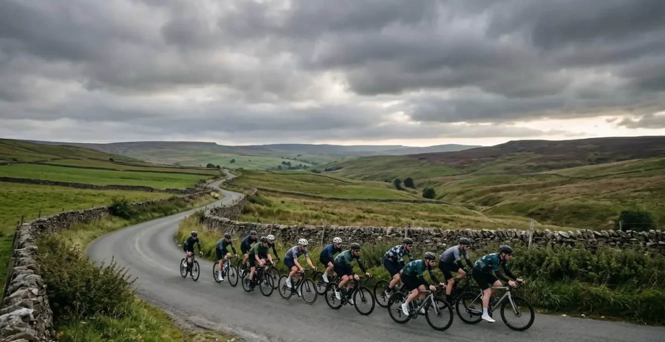 Group of cyclists riding together in formation on a British country road, illustrating the community and teamwork of club cycling