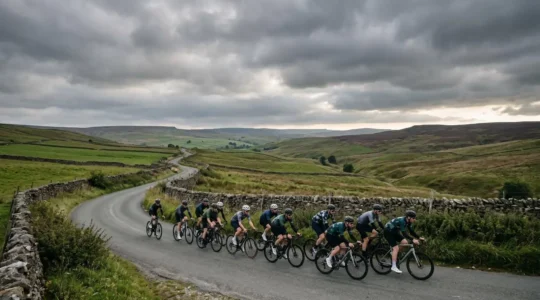 Group of cyclists riding together in formation on a British country road, illustrating the community and teamwork of club cycling