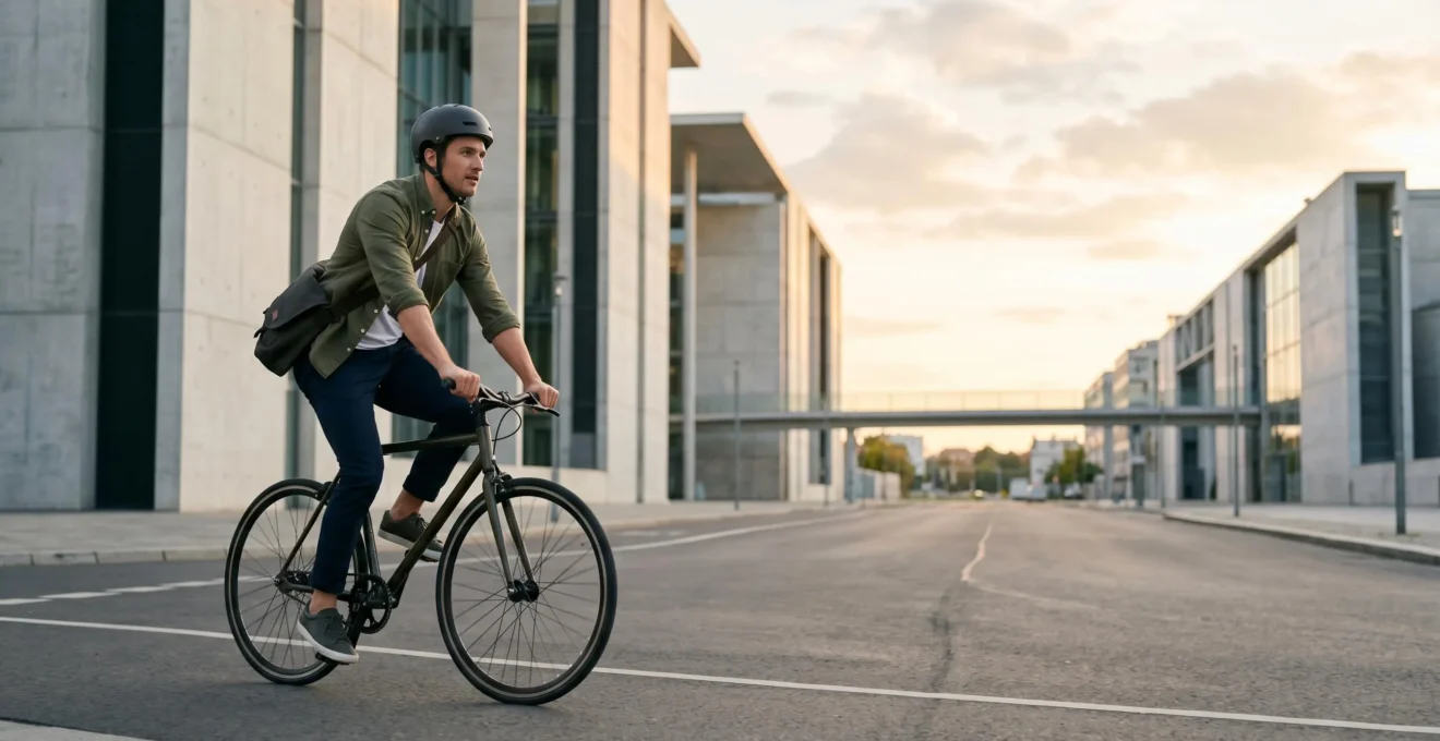 Cyclist in business casual clothing on urban bike demonstrating practical commuter attire