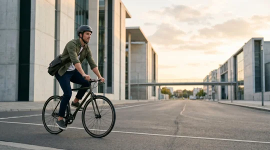 Cyclist in business casual clothing on urban bike demonstrating practical commuter attire