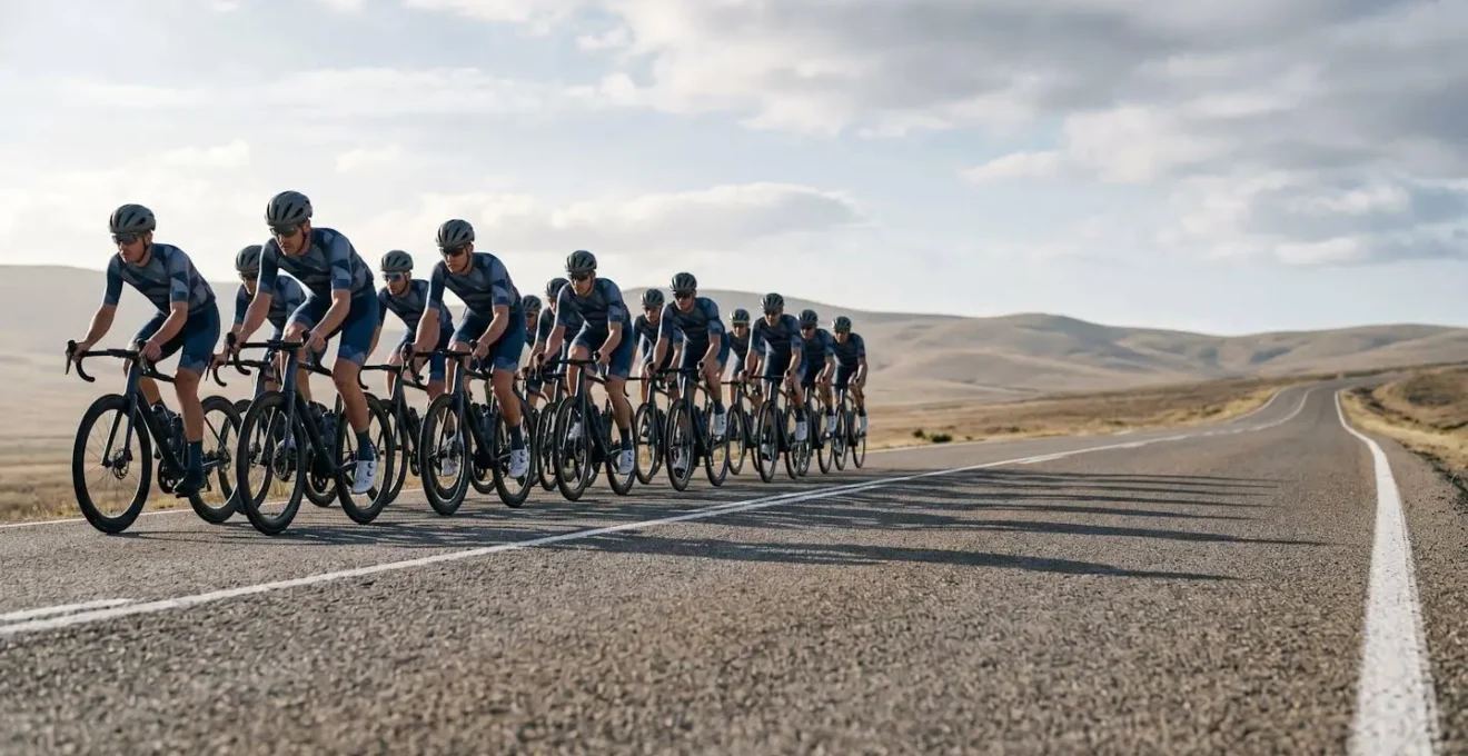 Cyclists in tight formation demonstrating drafting technique with dramatic wind flow visualization
