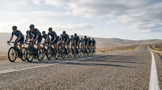 Cyclists in tight formation demonstrating drafting technique with dramatic wind flow visualization