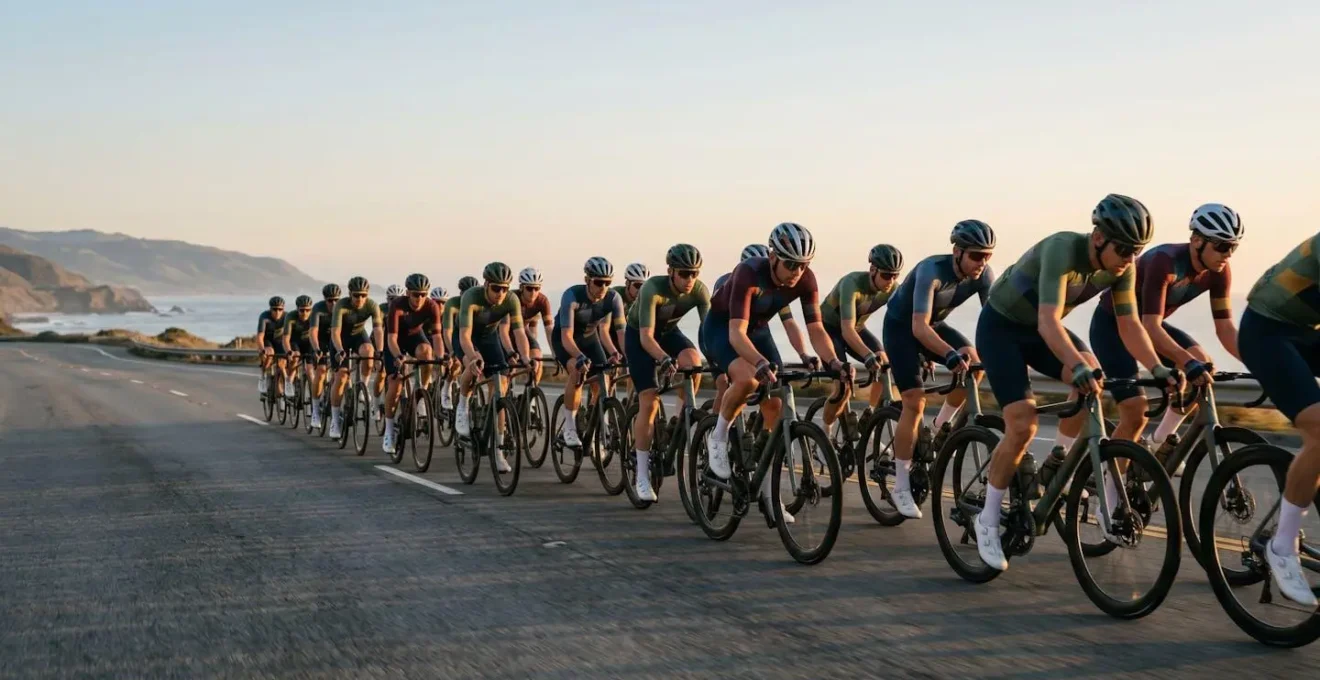 Dynamic pack of cyclists riding in tight formation demonstrating peloton drafting technique and group coordination