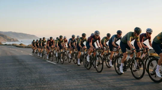Dynamic pack of cyclists riding in tight formation demonstrating peloton drafting technique and group coordination