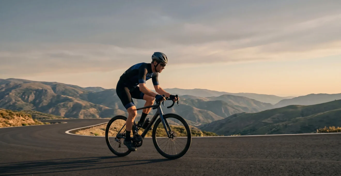 Professional cyclist on road bike in aerodynamic position showing power output measurement and athletic performance
