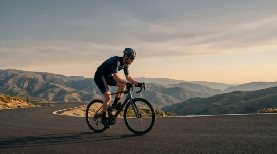 Professional cyclist on road bike in aerodynamic position showing power output measurement and athletic performance