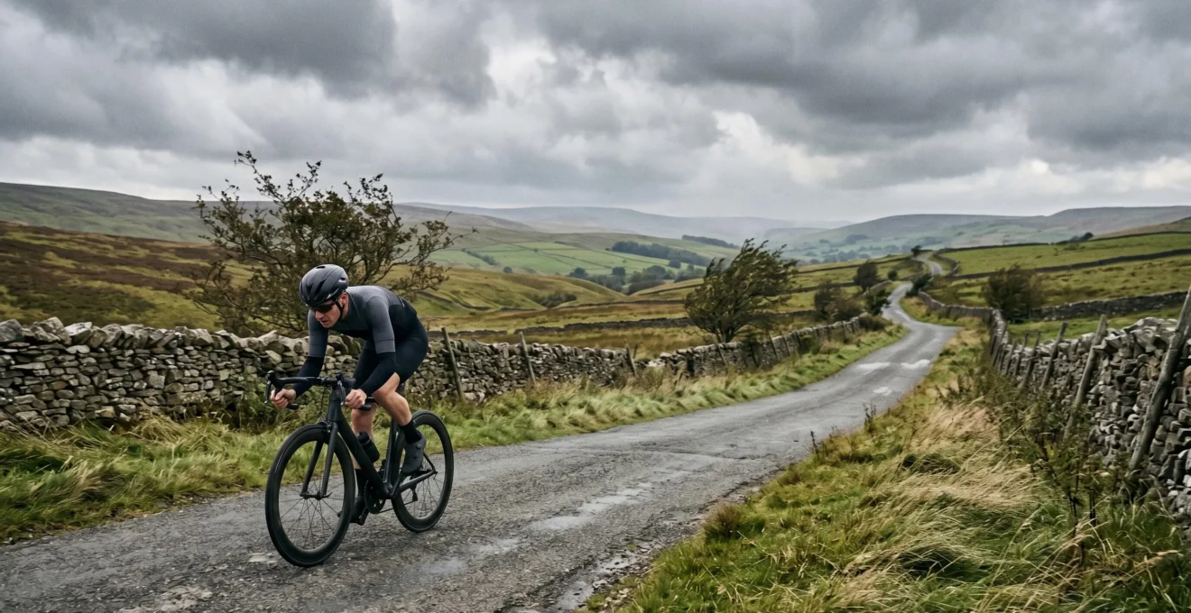 Cyclist in aerodynamic position riding through windy British countryside conditions