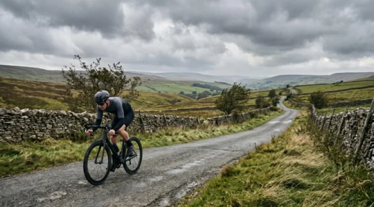 Cyclist in aerodynamic position riding through windy British countryside conditions