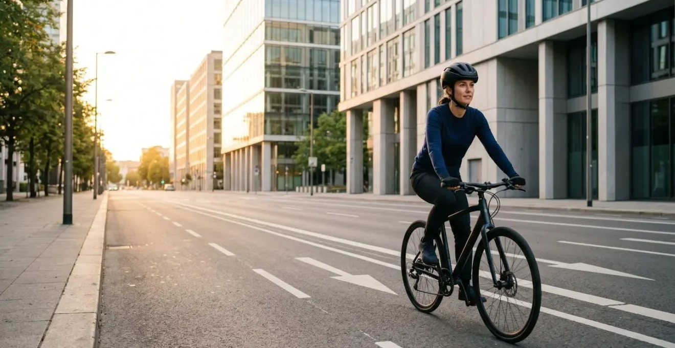Urban cyclist wearing modern helmet navigating city streets with focus on head protection