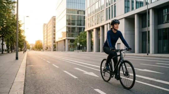 Urban cyclist wearing modern helmet navigating city streets with focus on head protection