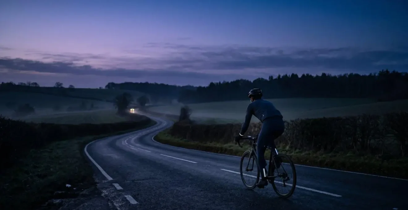 Cyclist riding on a dark country lane at dusk with subtle reflective elements catching vehicle headlights