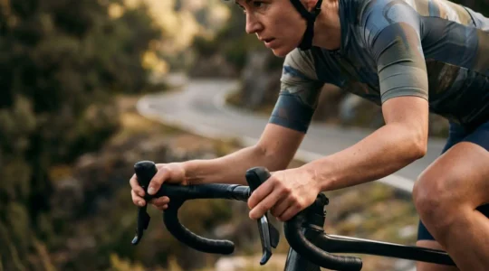 Professional cyclist gripping flared drop bars during technical descent with focused posture and confident body position