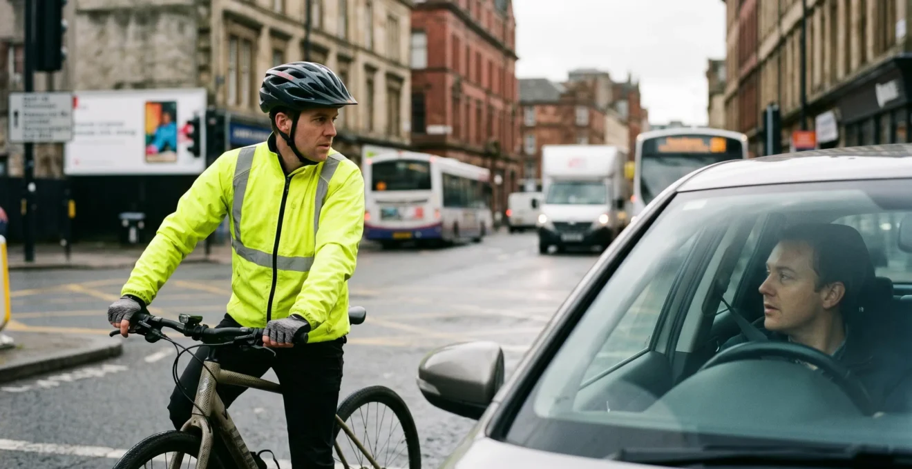 Urban cyclist making deliberate eye contact with driver at intersection to predict behavior and ensure safety