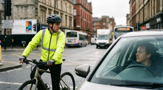 Urban cyclist making deliberate eye contact with driver at intersection to predict behavior and ensure safety