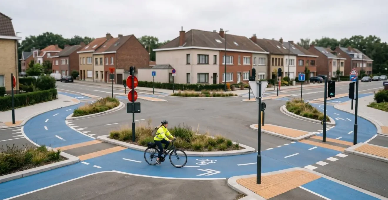 Cyclist approaching a protected cycle junction with clear signage and separated infrastructure
