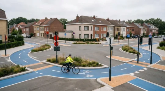 Cyclist approaching a protected cycle junction with clear signage and separated infrastructure