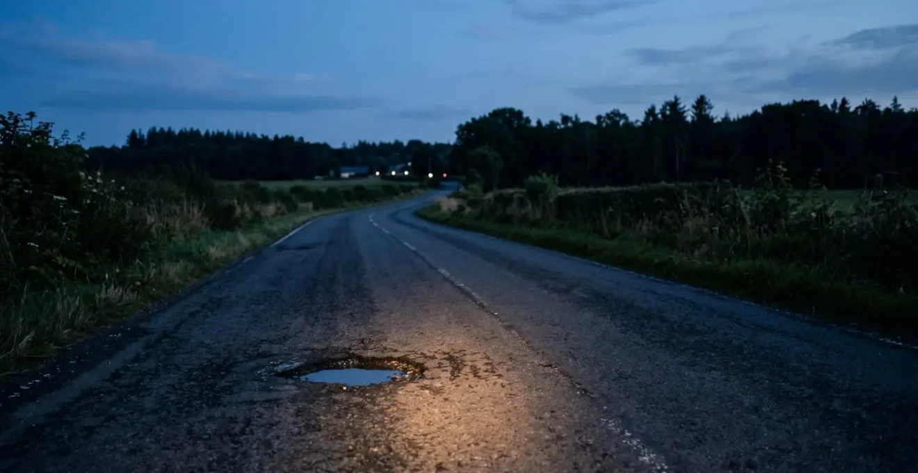 Close-up of bicycle front light illuminating dark asphalt road surface with textured details visible