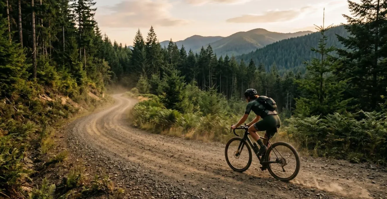 Cyclist performing sustained power intervals on undulating forestry fire road terrain