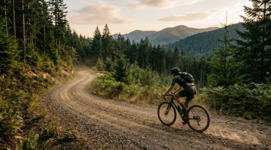 Cyclist performing sustained power intervals on undulating forestry fire road terrain