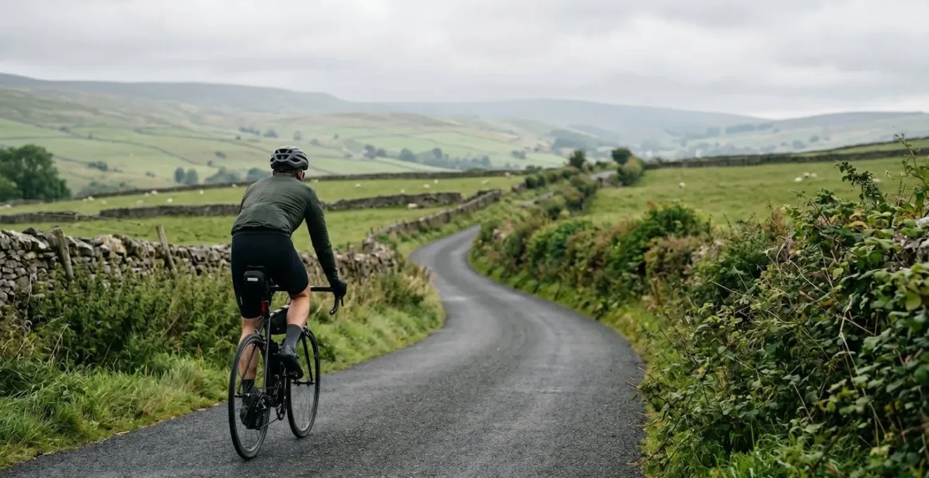 Cyclist navigating a peaceful rural country lane using GPS device in British countryside