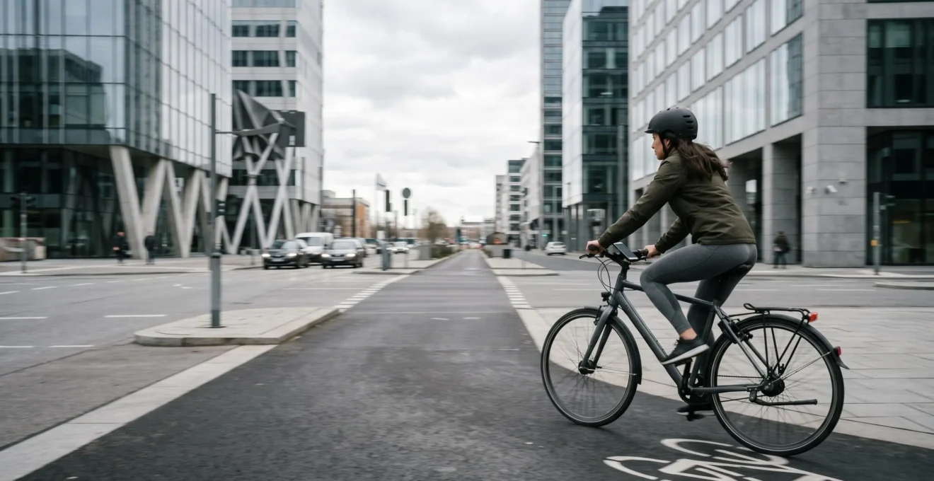 Urban cyclist navigating city streets with smartphone mount on bicycle handlebars