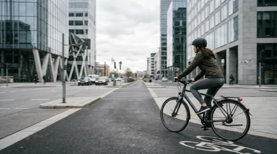 Urban cyclist navigating city streets with smartphone mount on bicycle handlebars
