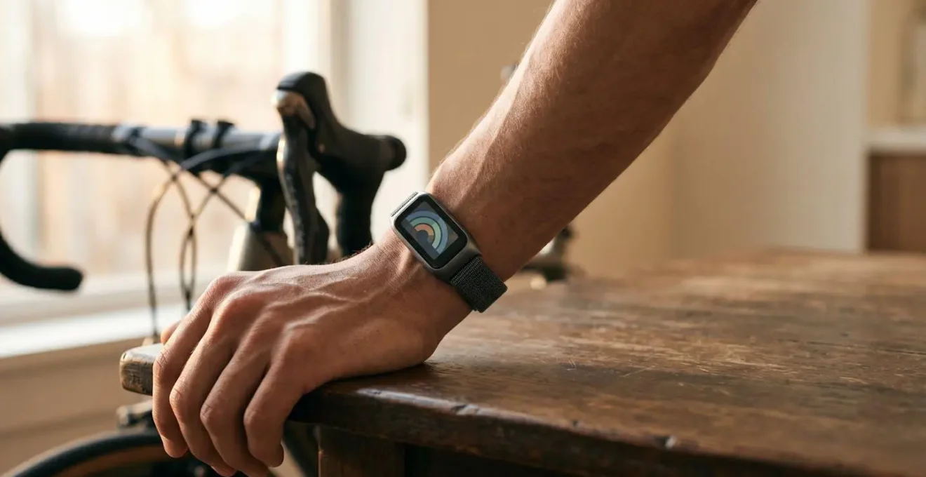 Cyclist consulting recovery data on fitness tracker during early morning training preparation