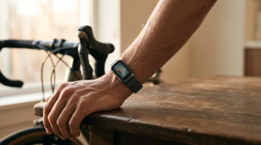 Cyclist consulting recovery data on fitness tracker during early morning training preparation