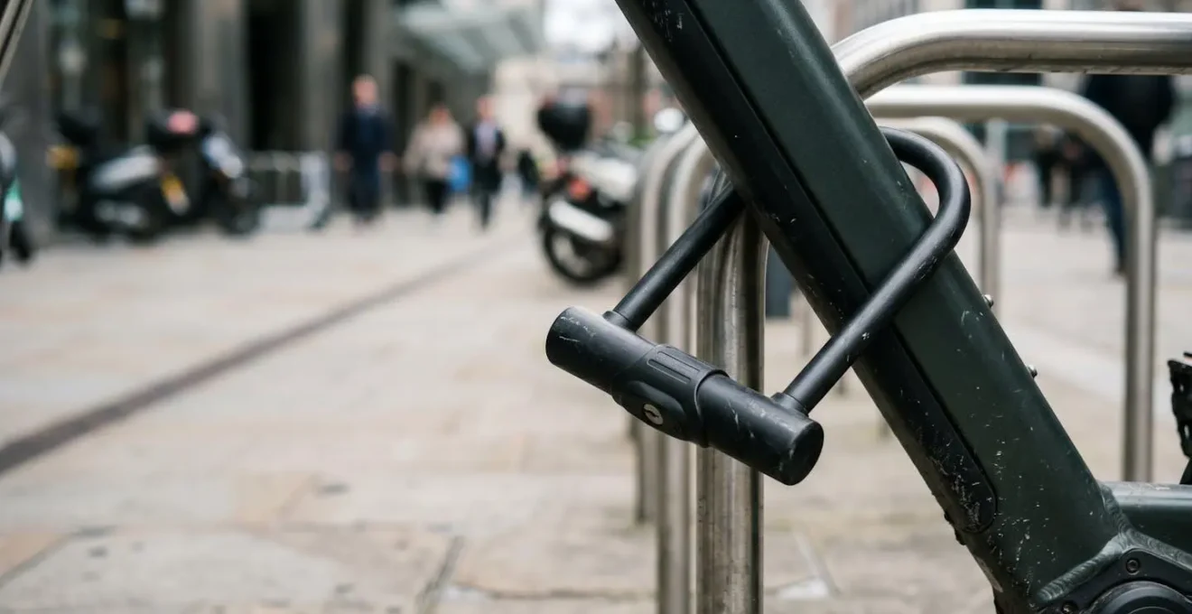 Heavy-duty bicycle security lock securing an expensive electric bike frame to urban infrastructure
