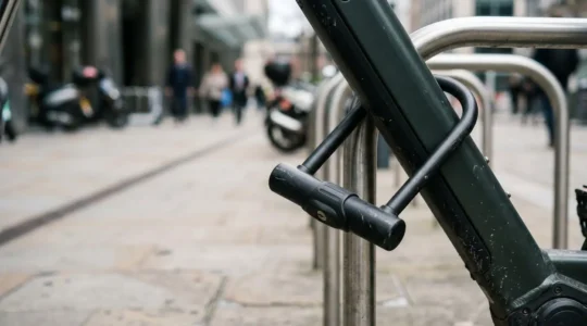 Heavy-duty bicycle security lock securing an expensive electric bike frame to urban infrastructure