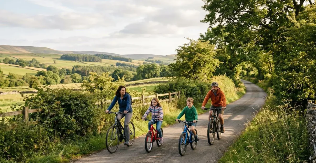 Family of four cycling together on a scenic railway path surrounded by greenery