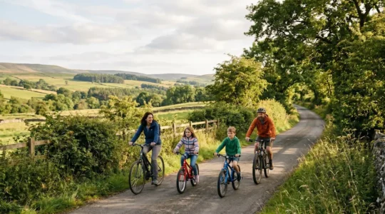 Family of four cycling together on a scenic railway path surrounded by greenery